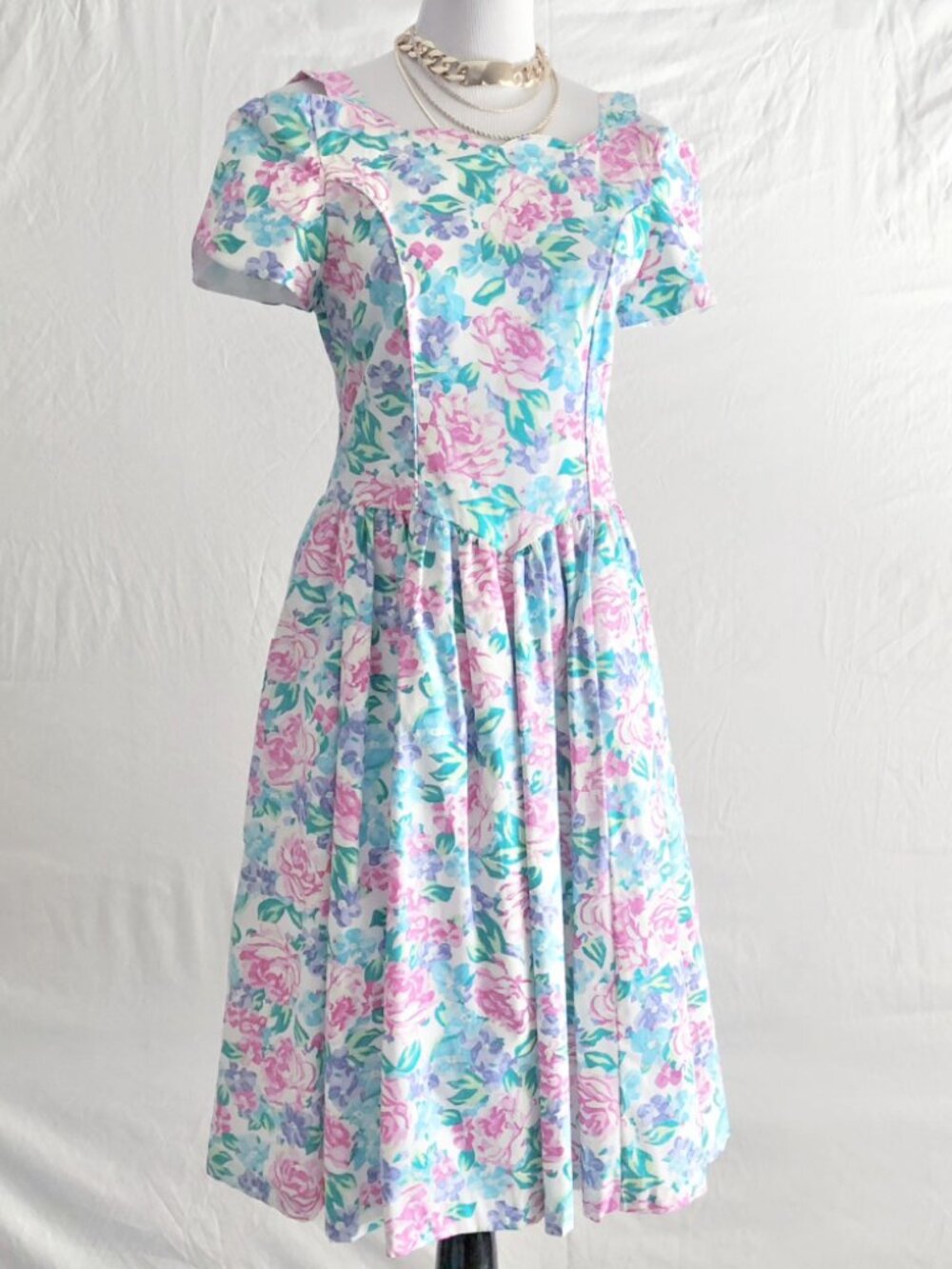 Vintage 80s Cary Princess Waist Floral Semi Formal Dress Girls Size 14